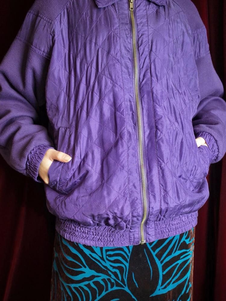 Purple Silk  Rib Knit Switch Quilting Blouson