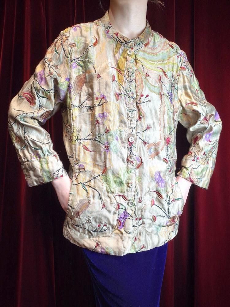 Peacock & Botanical Embroidery Linen/Silk China Shirt