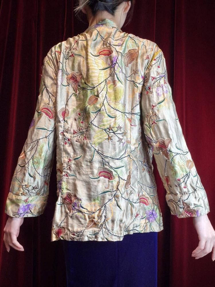 Peacock & Botanical Embroidery Linen/Silk China Shirt