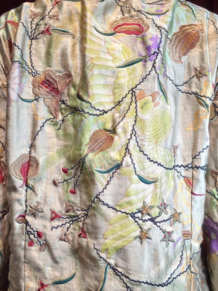 Peacock & Botanical Embroidery Linen/Silk China Shirt