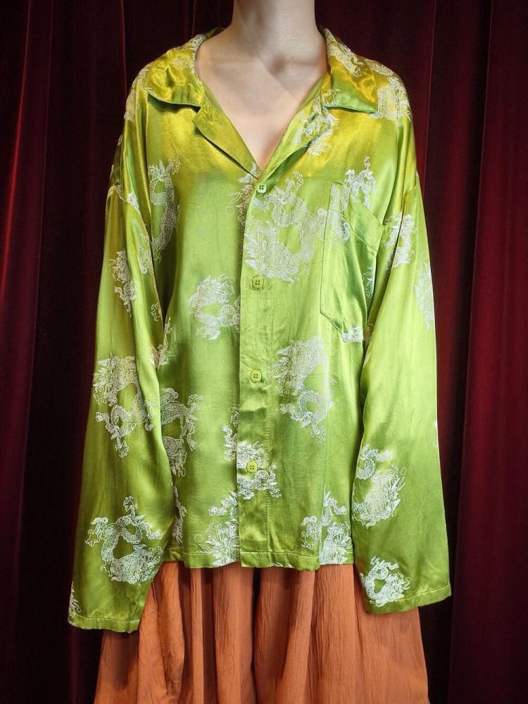 Dragon Pattern Bright Green Rayon Satin Shirt