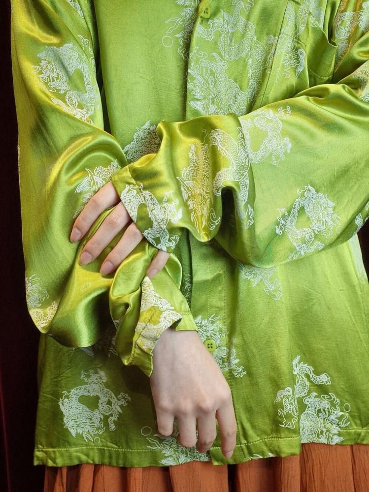 Dragon Pattern Bright Green Rayon Satin Shirt