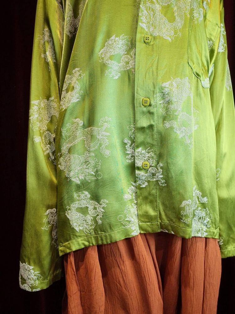 Dragon Pattern Bright Green Rayon Satin Shirt