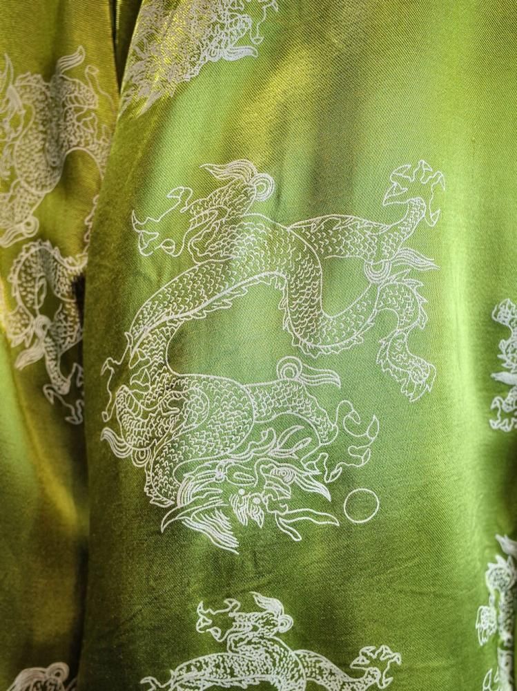 Dragon Pattern Bright Green Rayon Satin Shirt