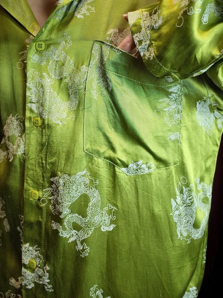 Dragon Pattern Bright Green Rayon Satin Shirt