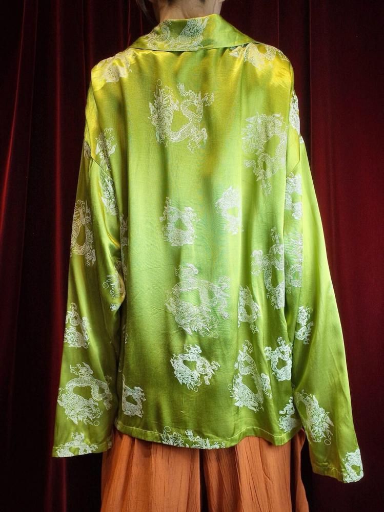 Dragon Pattern Bright Green Rayon Satin Shirt