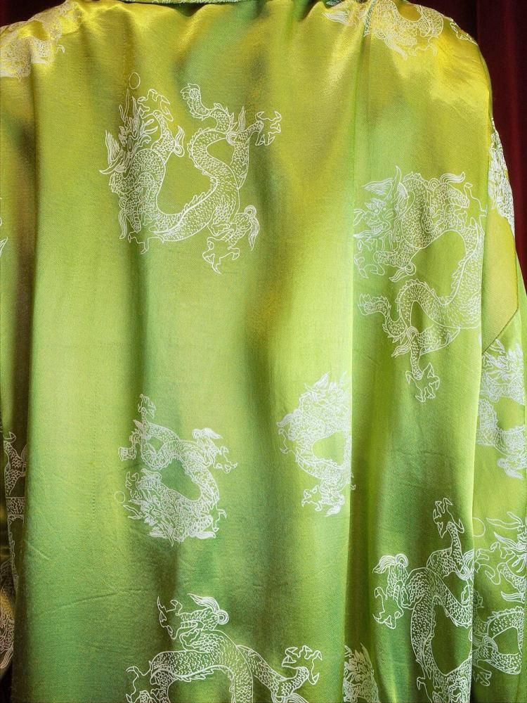 Dragon Pattern Bright Green Rayon Satin Shirt