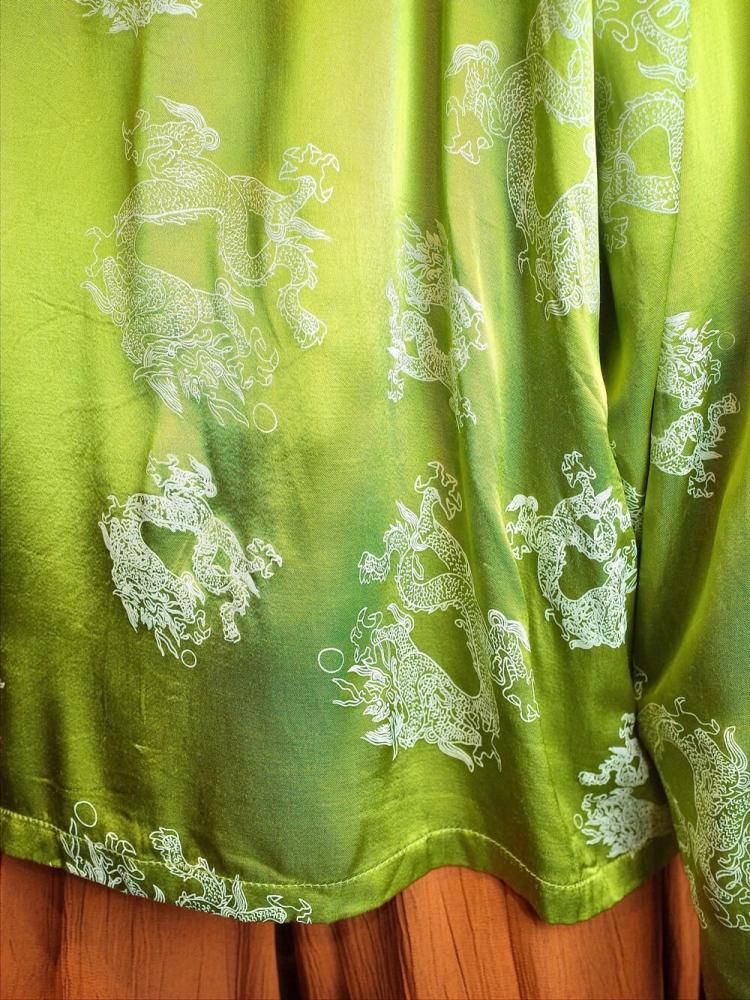 Dragon Pattern Bright Green Rayon Satin Shirt