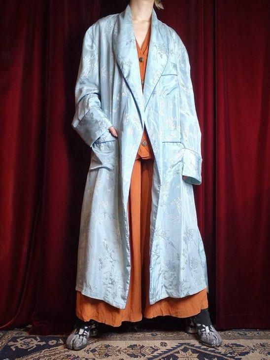 c.1960s Oriental Jacquard Sax Blue Silk Gown