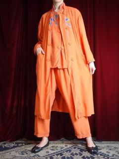 c.1960s Orange Rayon China Embroidery 3 Pieces / Gown & Shirt & Pants