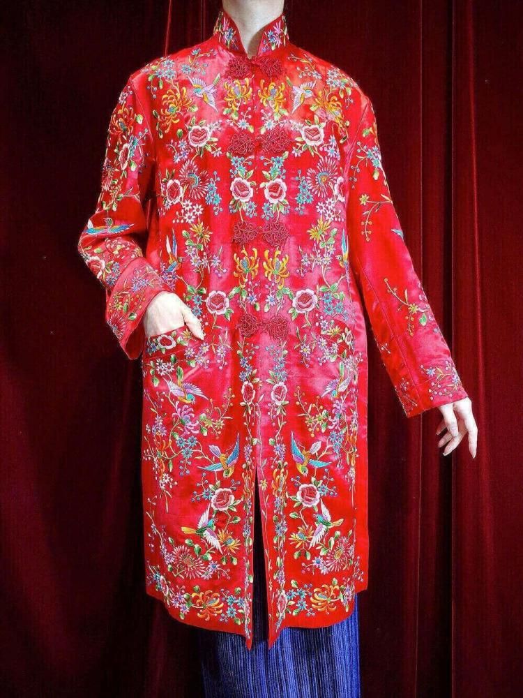 1960~70年代 ヴィンテージ 総刺繍シルク ロングチャイナ