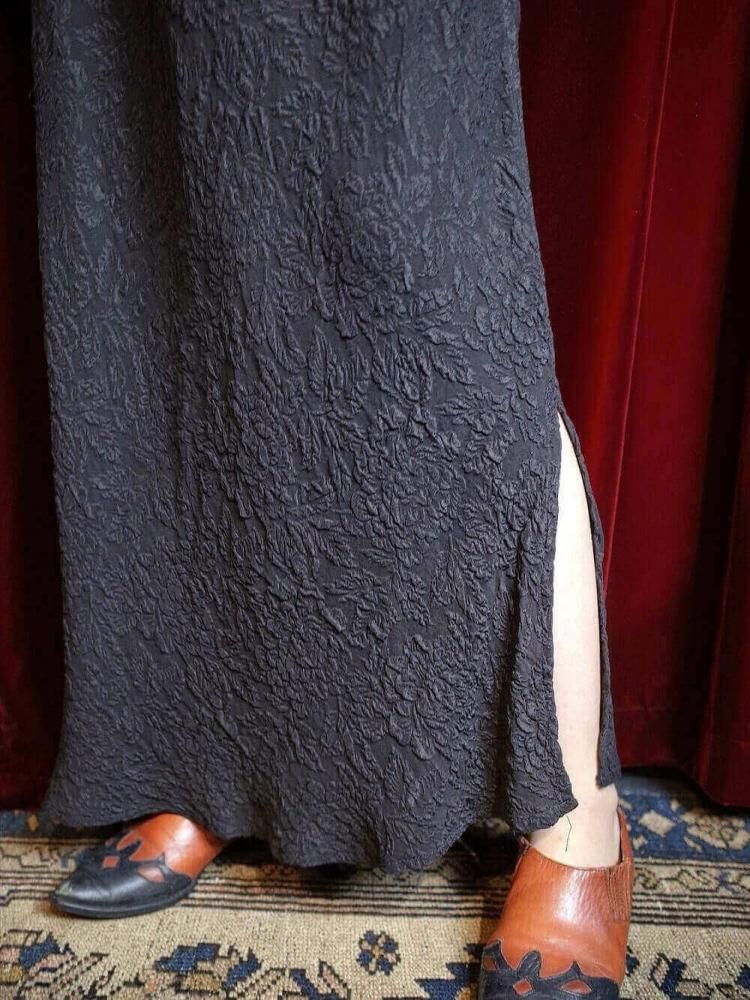Solid Jacquard Floral Black Silk Skirt