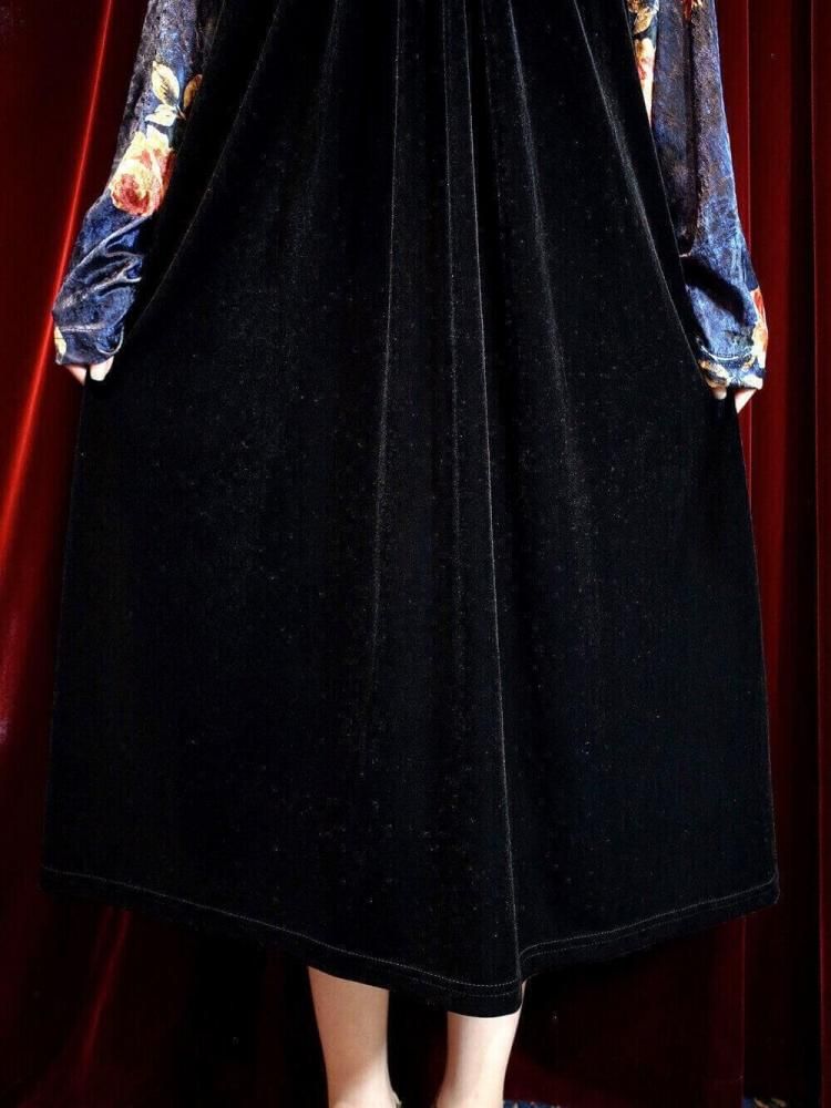 Black Velvet Design Neck Dress