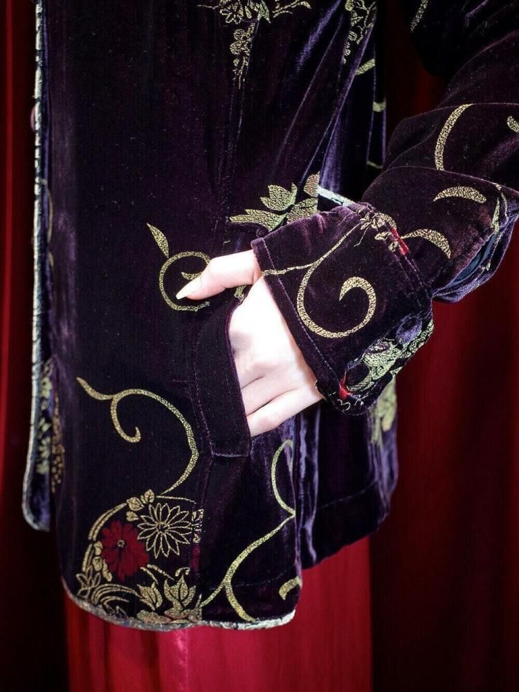 иBlack & Red Velvet Oriental Silk China Jacket