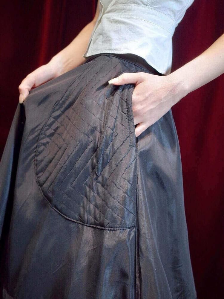 c.1950s Black Satin  Quilting Circular Skirt