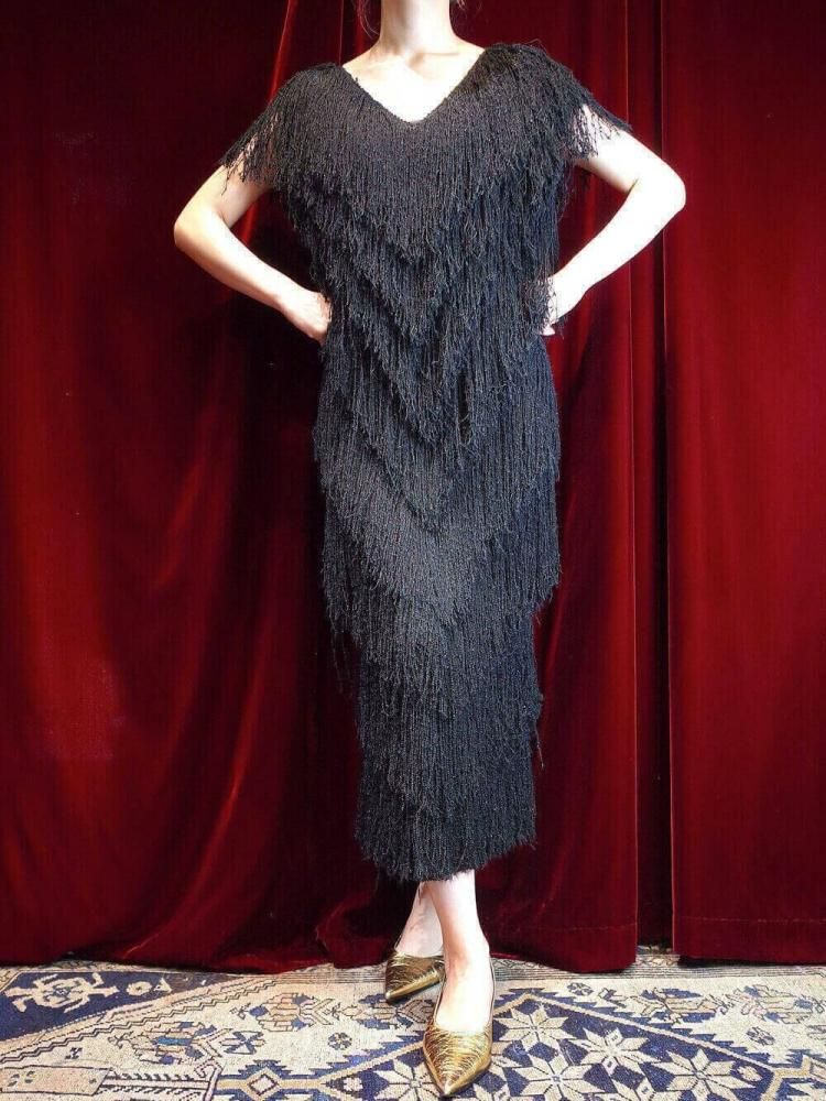 c.1980s "Hand Loomed" Black Shaggy Rayon Fringe Dress