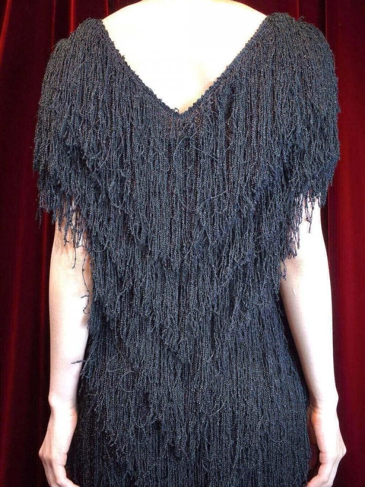 c.1980s "Hand Loomed" Black Shaggy Rayon Fringe Dress