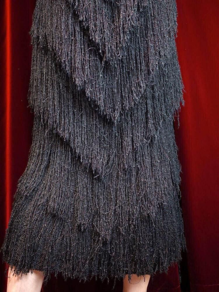 c.1980s "Hand Loomed" Black Shaggy Rayon Fringe Dress