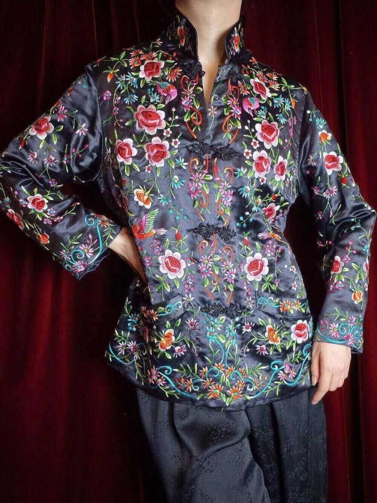 【レア未使用品】手刺繍チャイナジャケット シルク100% ヴィンテージ 1960~70年代 ヴィンテージ チャイナ 総刺繍 シルクジャケット | end