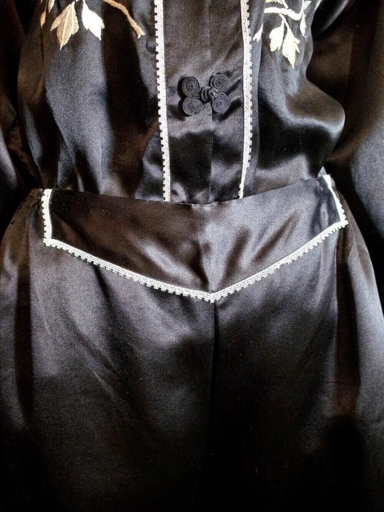 c.1930s Black Silk  White Embroidery China Setup