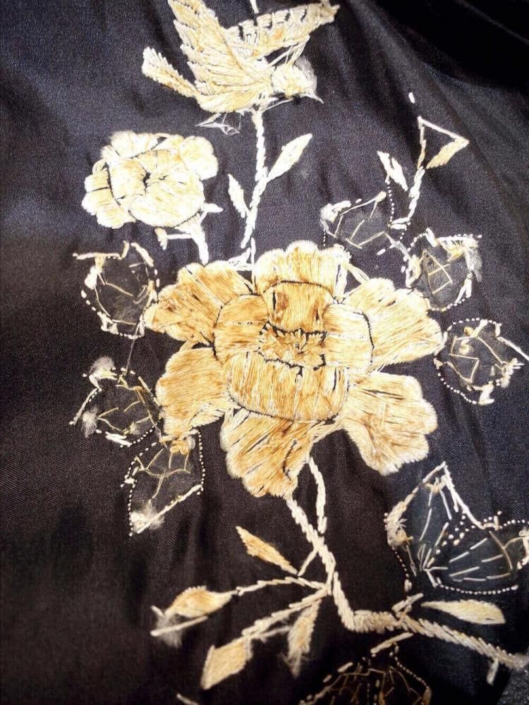 c.1930s Black Silk  White Embroidery China Setup