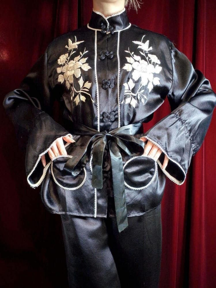 c.1930s Black Silk  White Embroidery China Setup