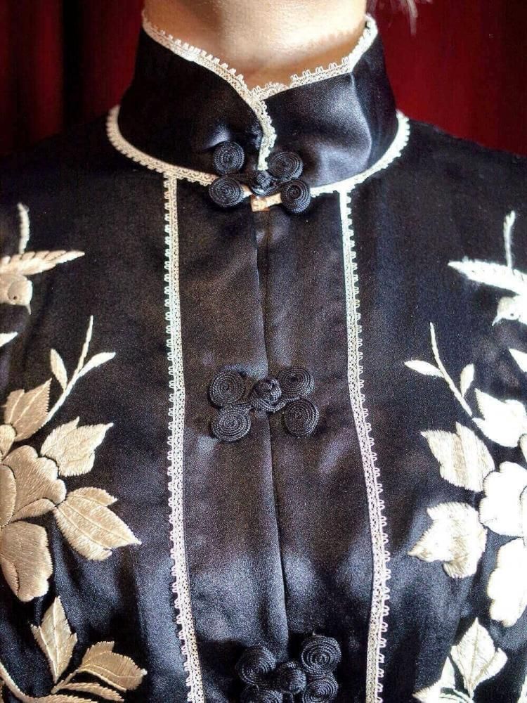 c.1930s Black Silk  White Embroidery China Setup