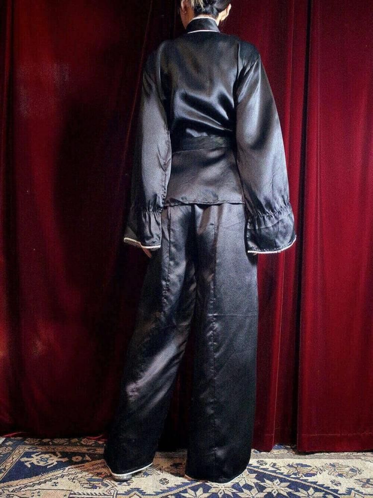 c.1930s Black Silk  White Embroidery China Setup