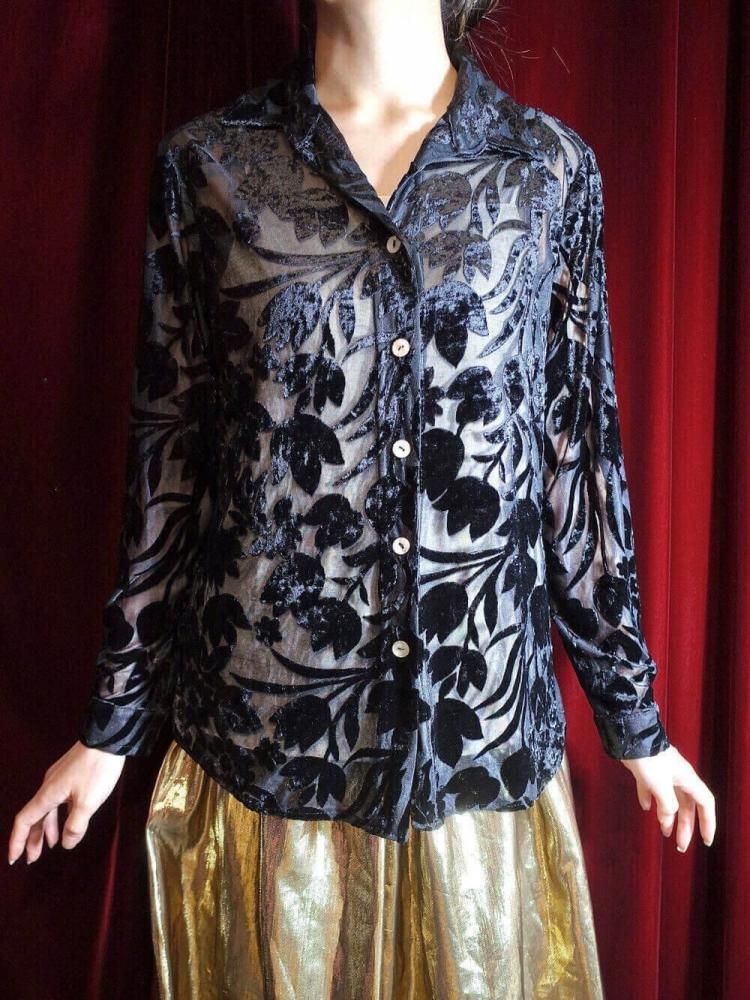 Black Velvet & Sheer Floral Shirt