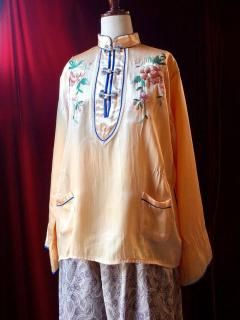 c.1950s Embroidery Orange Beige China Pullover Shirt