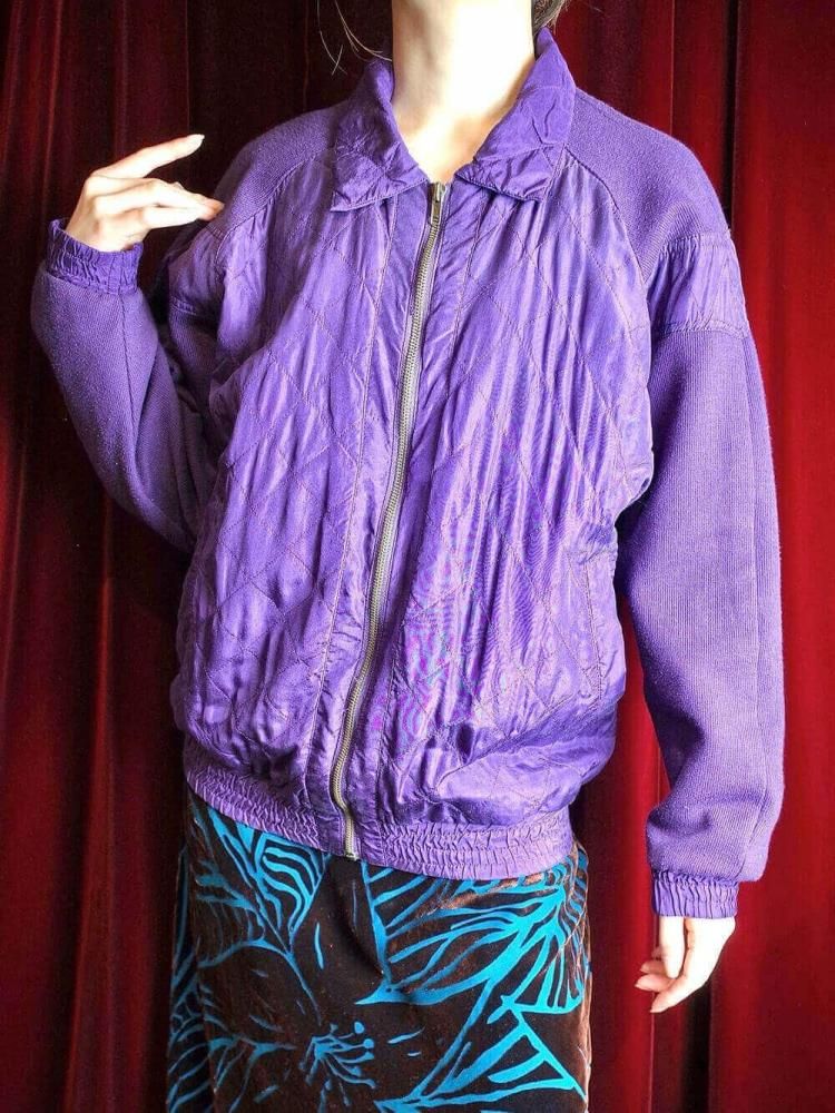 Purple Silk  Rib Knit Switch Quilting Blouson