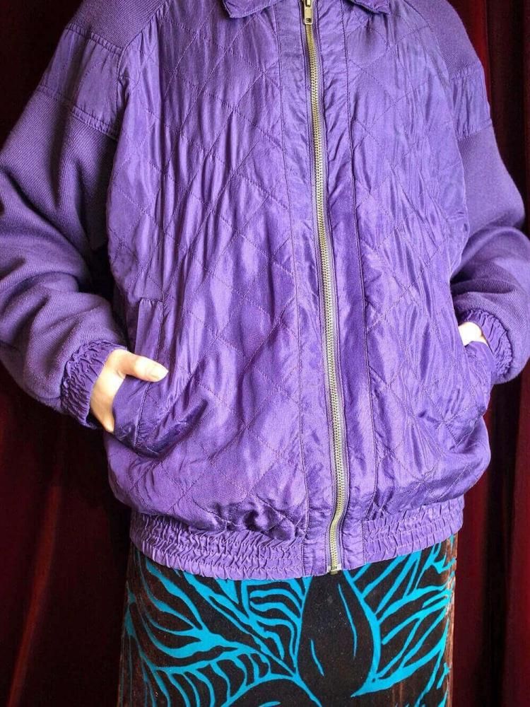 Purple Silk  Rib Knit Switch Quilting Blouson