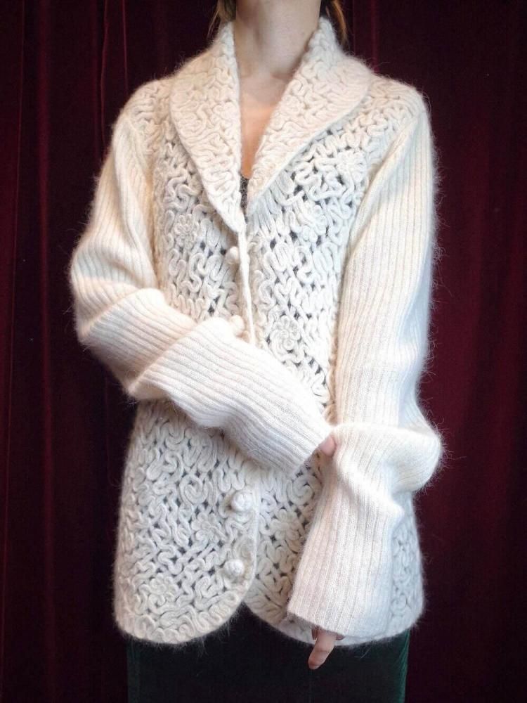 Code Embroidery White Angora Knit Jacket