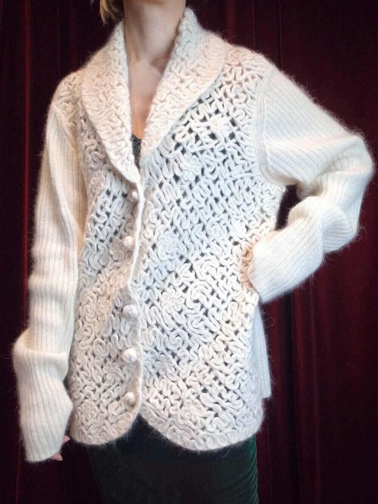 Code Embroidery White Angora Knit Jacket