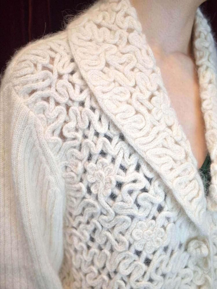 Code Embroidery White Angora Knit Jacket