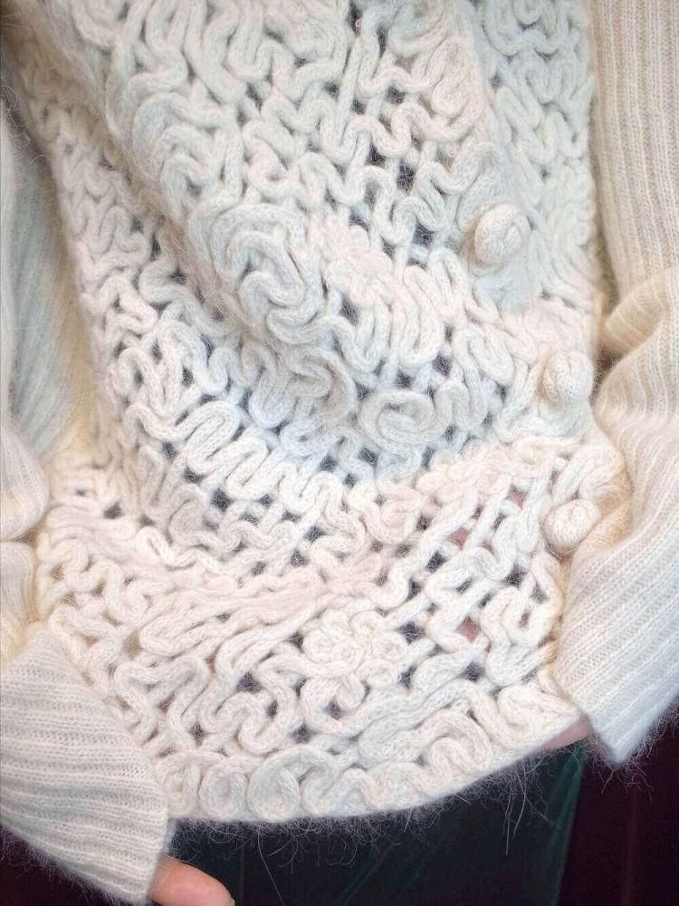 Code Embroidery White Angora Knit Jacket