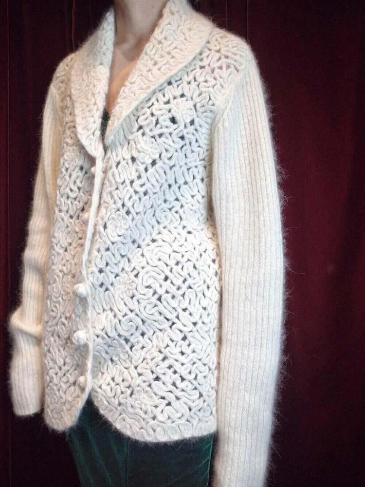 Code Embroidery White Angora Knit Jacket