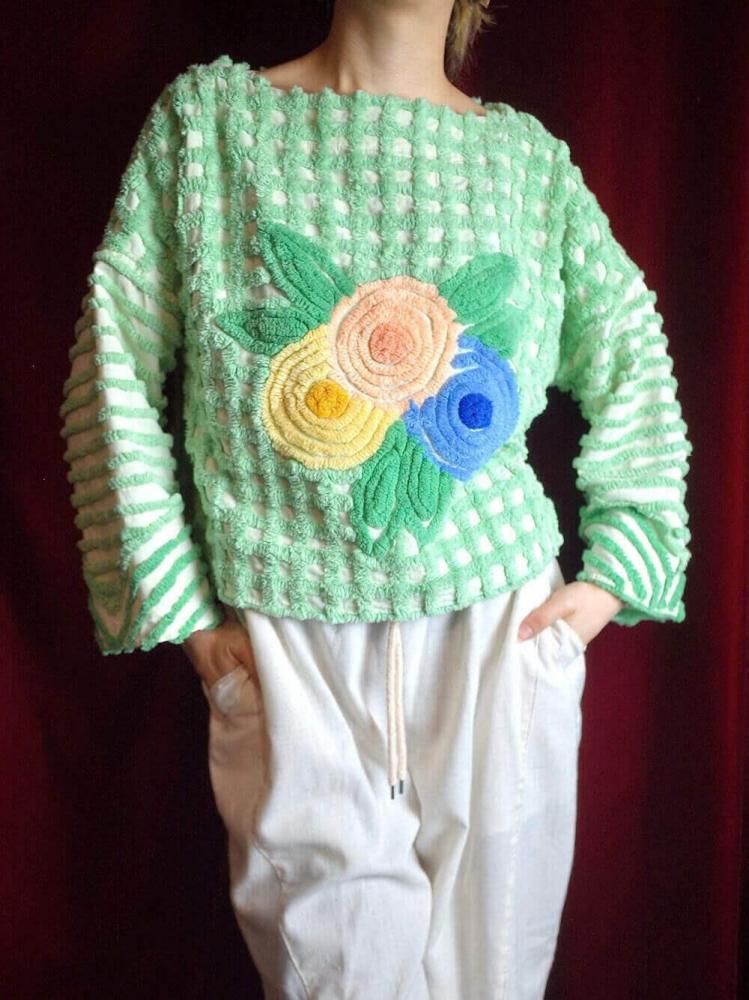 Light Green Floral Chenille Tops