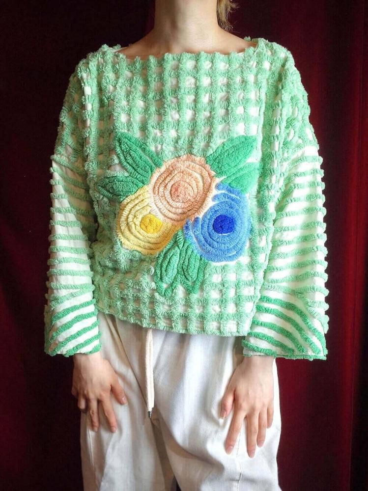 Light Green Floral Chenille Tops