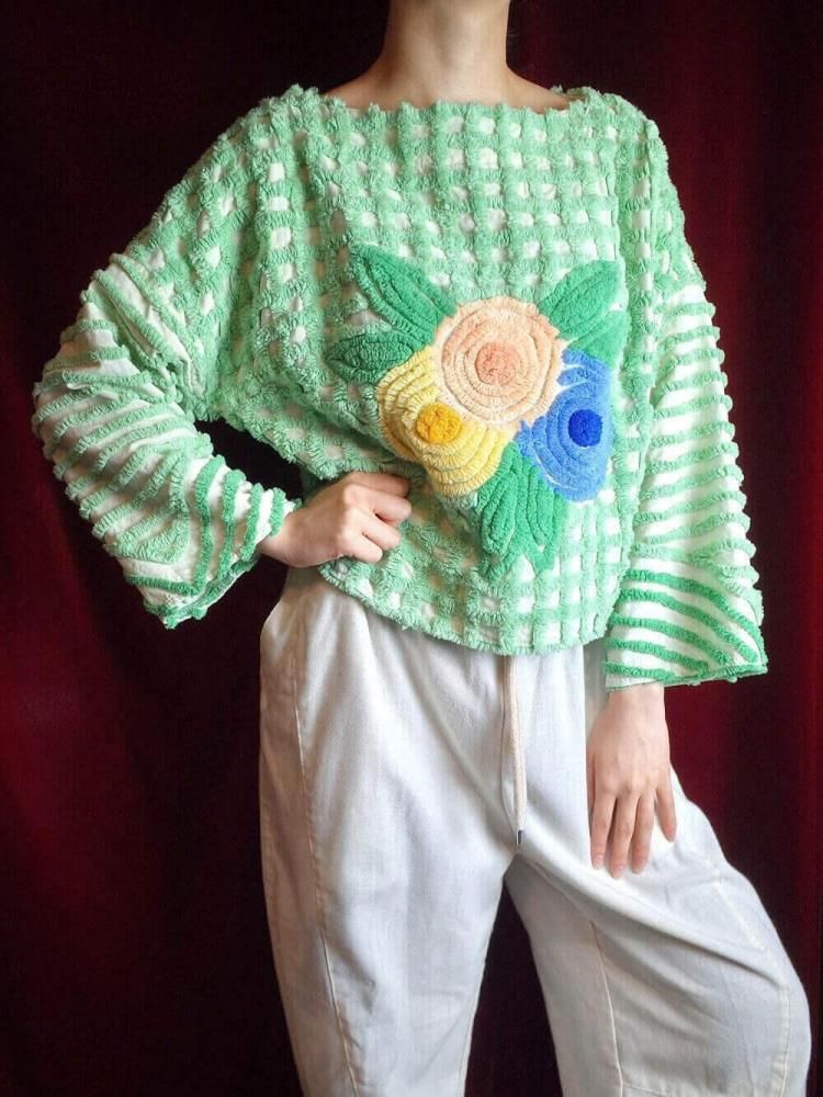 Light Green Floral Chenille Tops