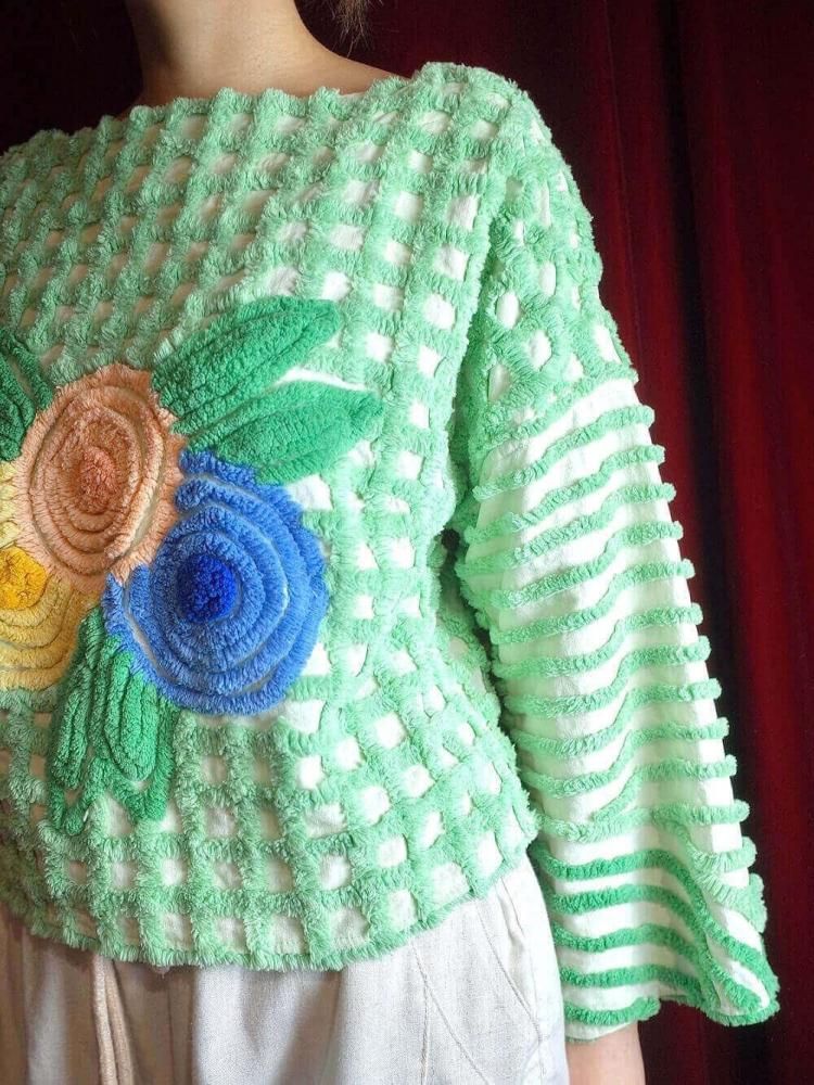 Light Green Floral Chenille Tops