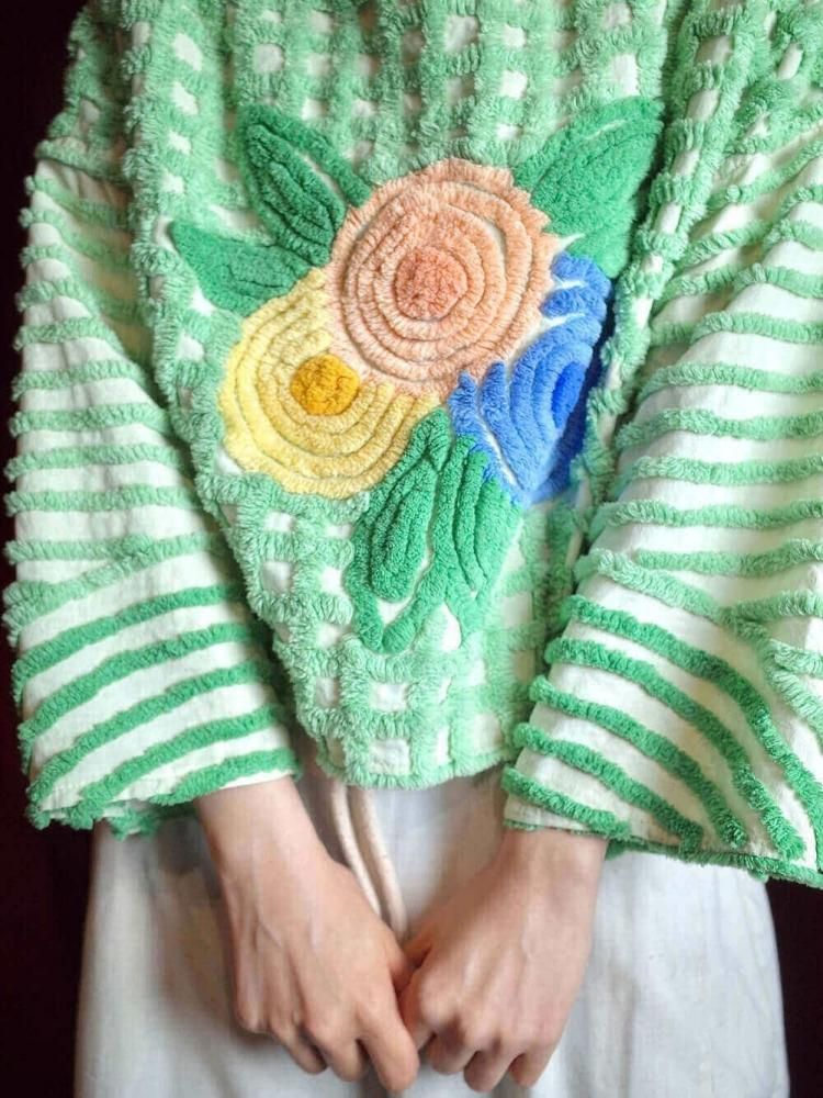 Light Green Floral Chenille Tops