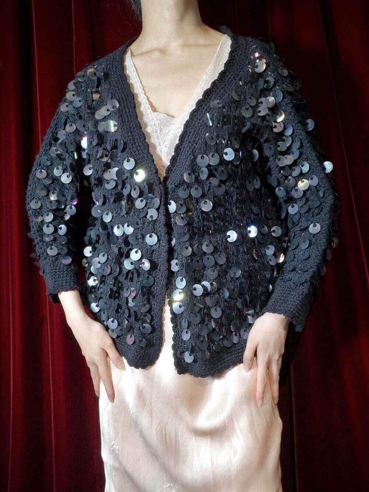 Sequin Low Gauge Black Knit Cardigan