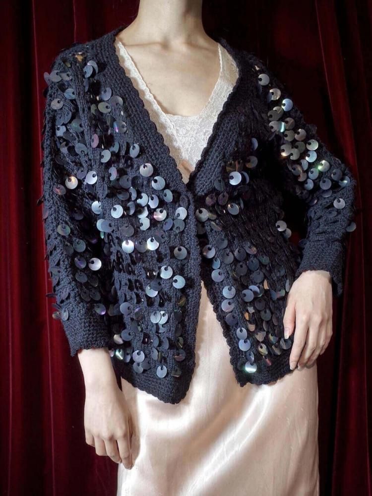 Sequin Low Gauge Black Knit Cardigan
