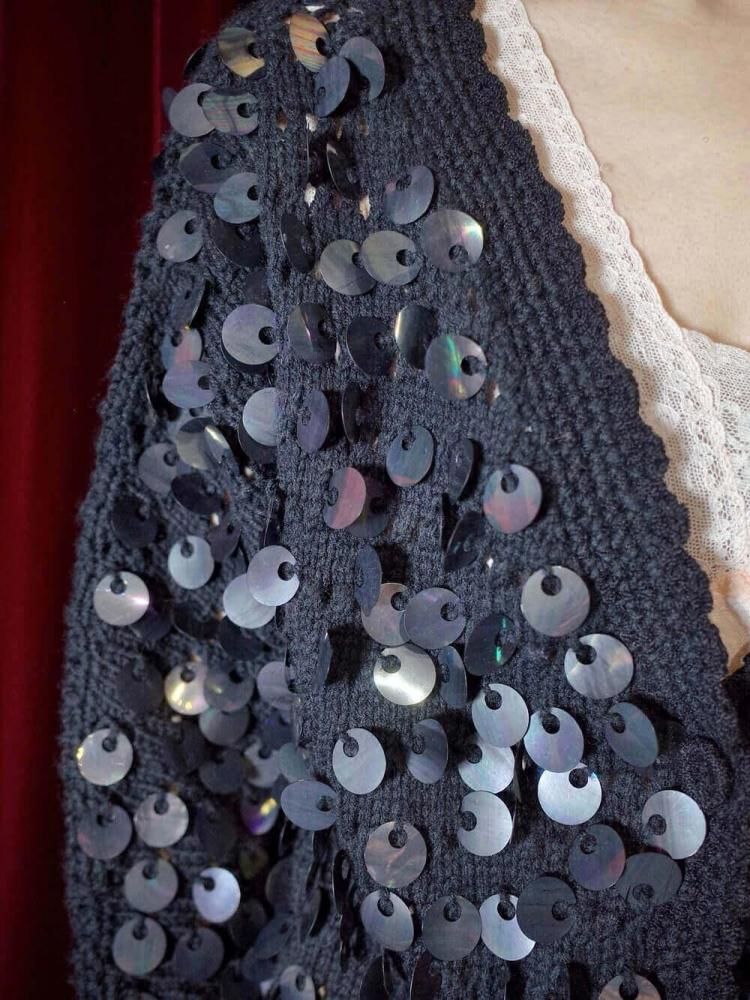 Sequin Low Gauge Black Knit Cardigan