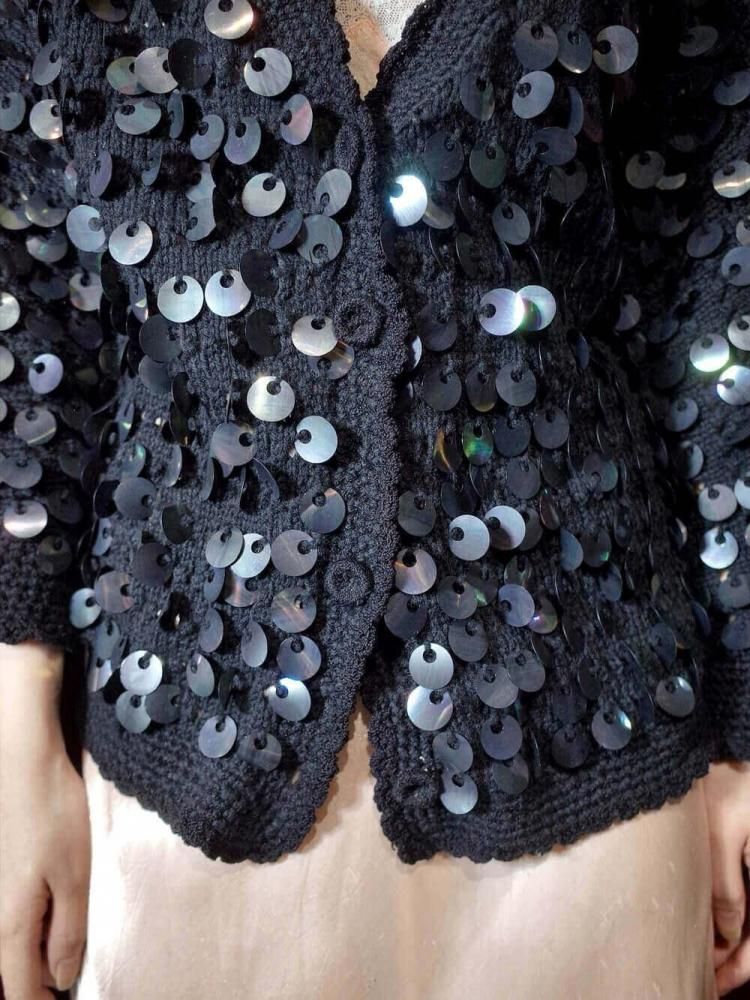 Sequin Low Gauge Black Knit Cardigan