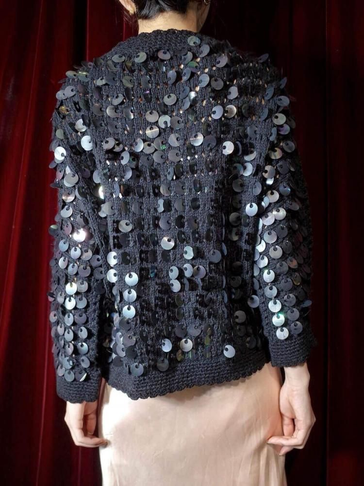 Sequin Low Gauge Black Knit Cardigan