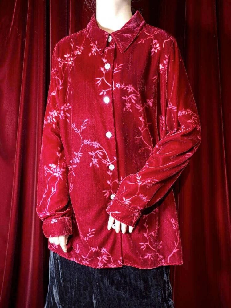 Crimson Red Velvet & Sheer Shirt