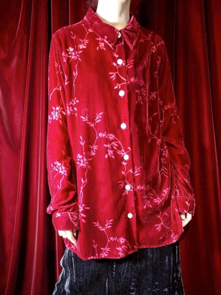 Crimson Red Velvet & Sheer Shirt
