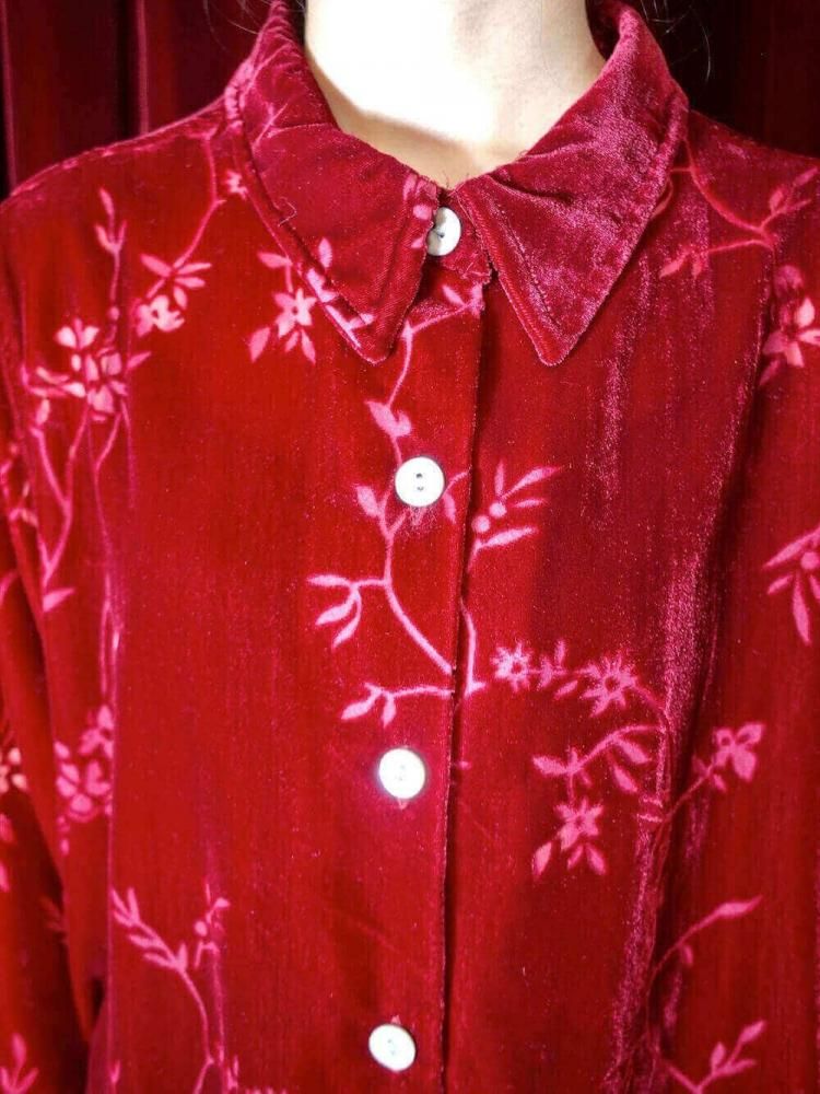 Crimson Red Velvet & Sheer Shirt